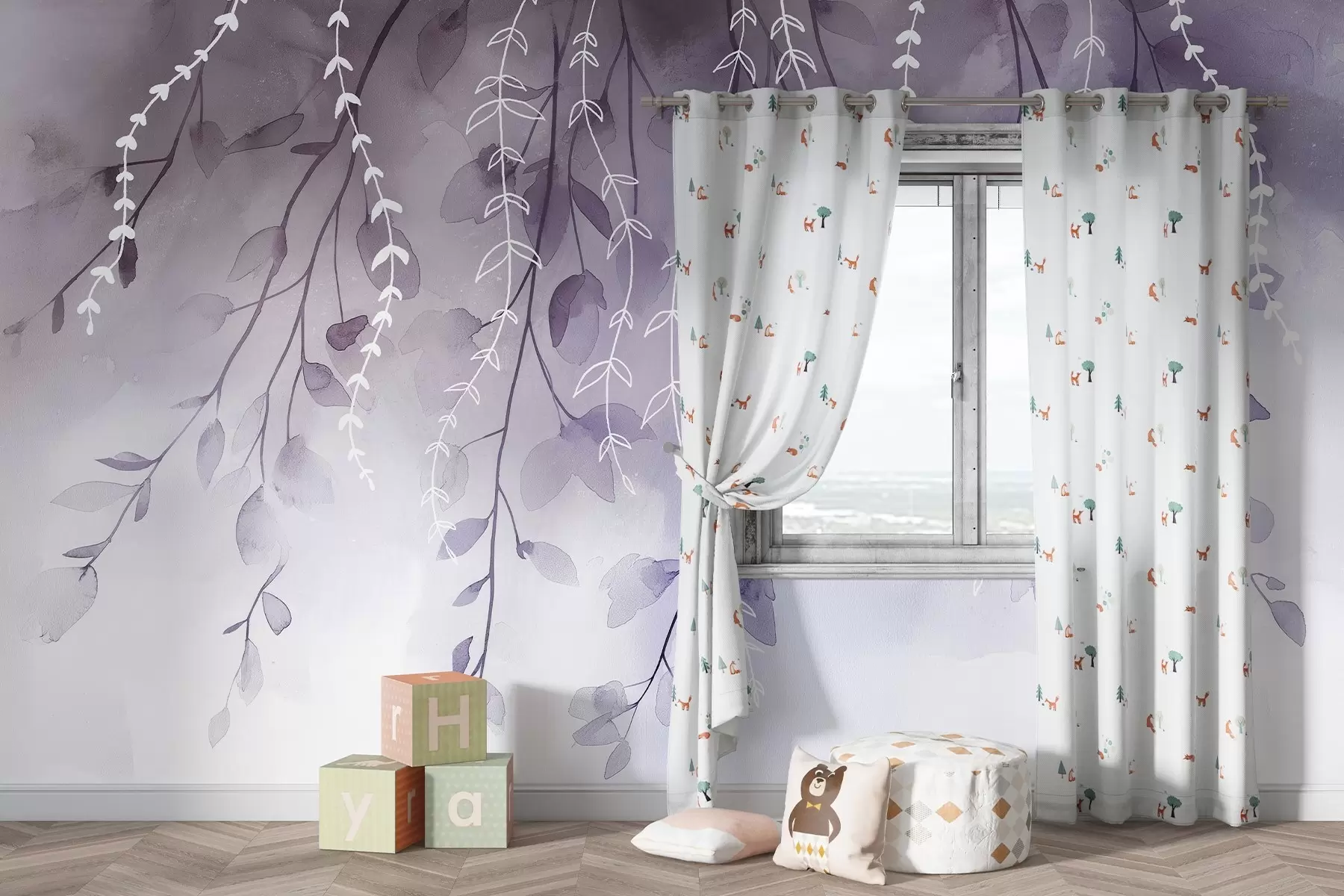 Papier peint Branches et feuilles en style aquarelle, couleurs violettes naturelles w04007v2