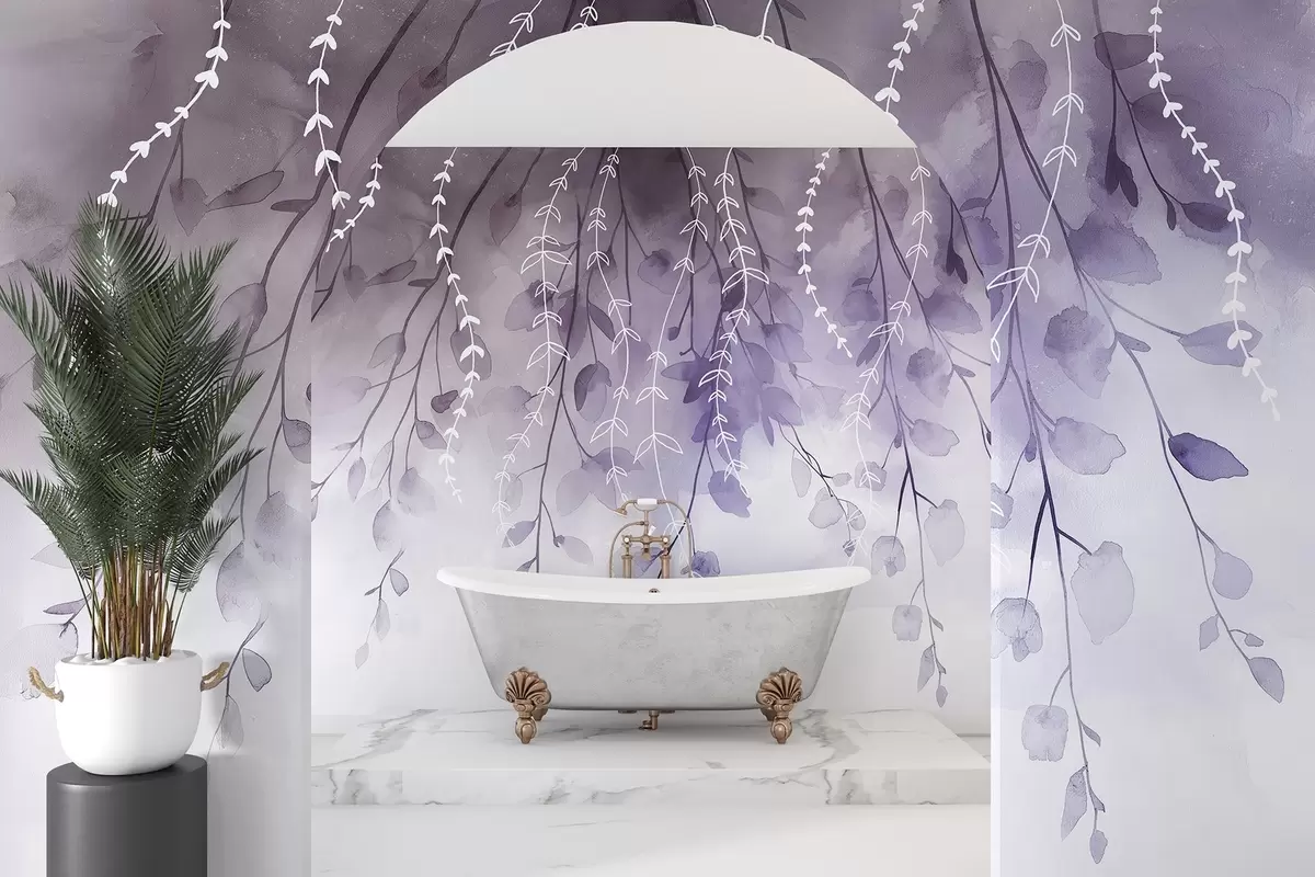 Papier peint Branches et feuilles en style aquarelle, couleurs violettes naturelles w04007v2