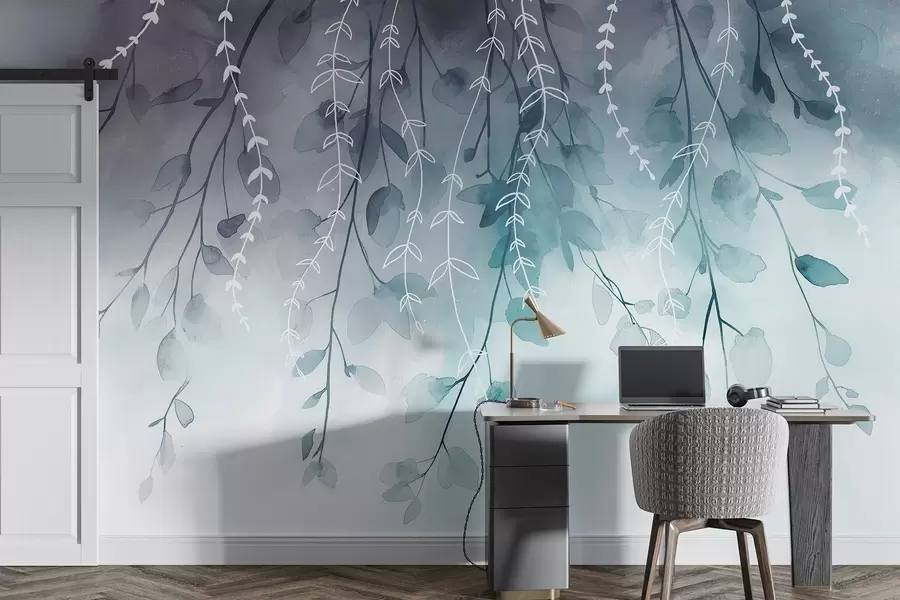Papier peint Branches et feuilles en style aquarelle, couleurs naturelles aigue-marine w04007v3