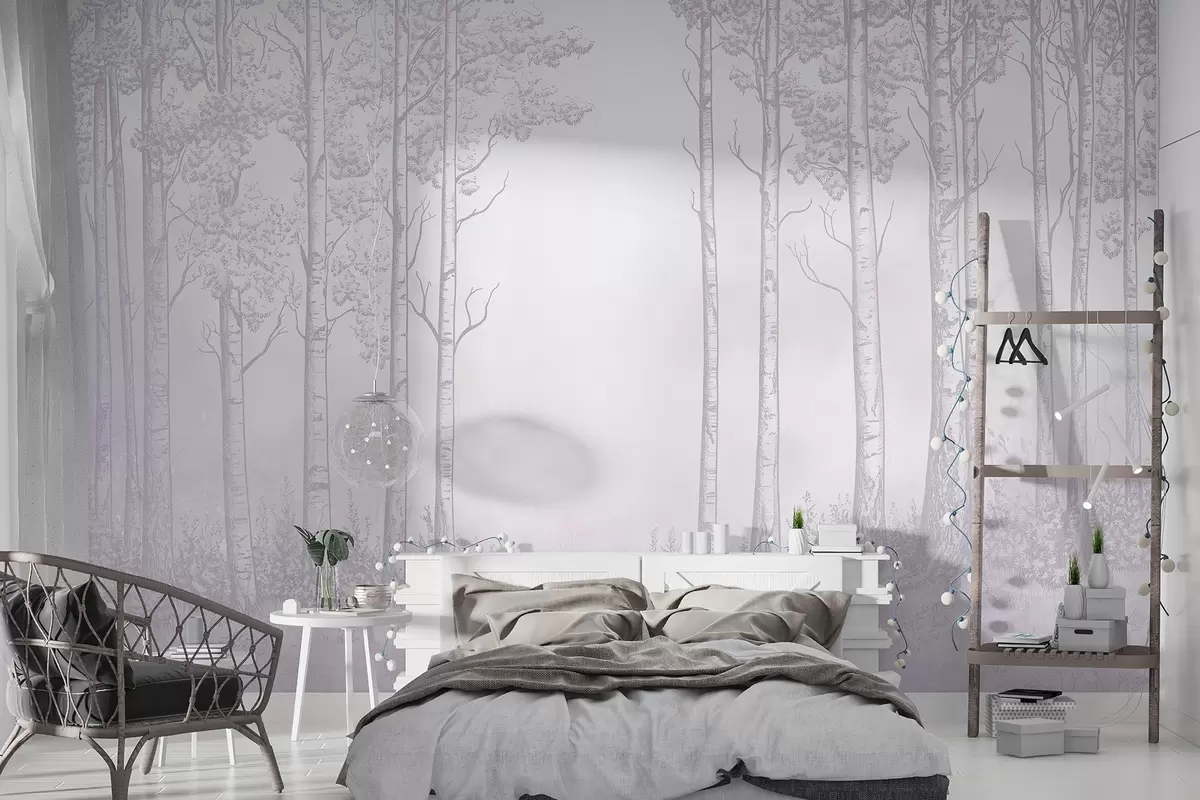 Papier peint Forêt avec bouleaux, minimalisme, nature, palette de couleurs roses  w04009v2