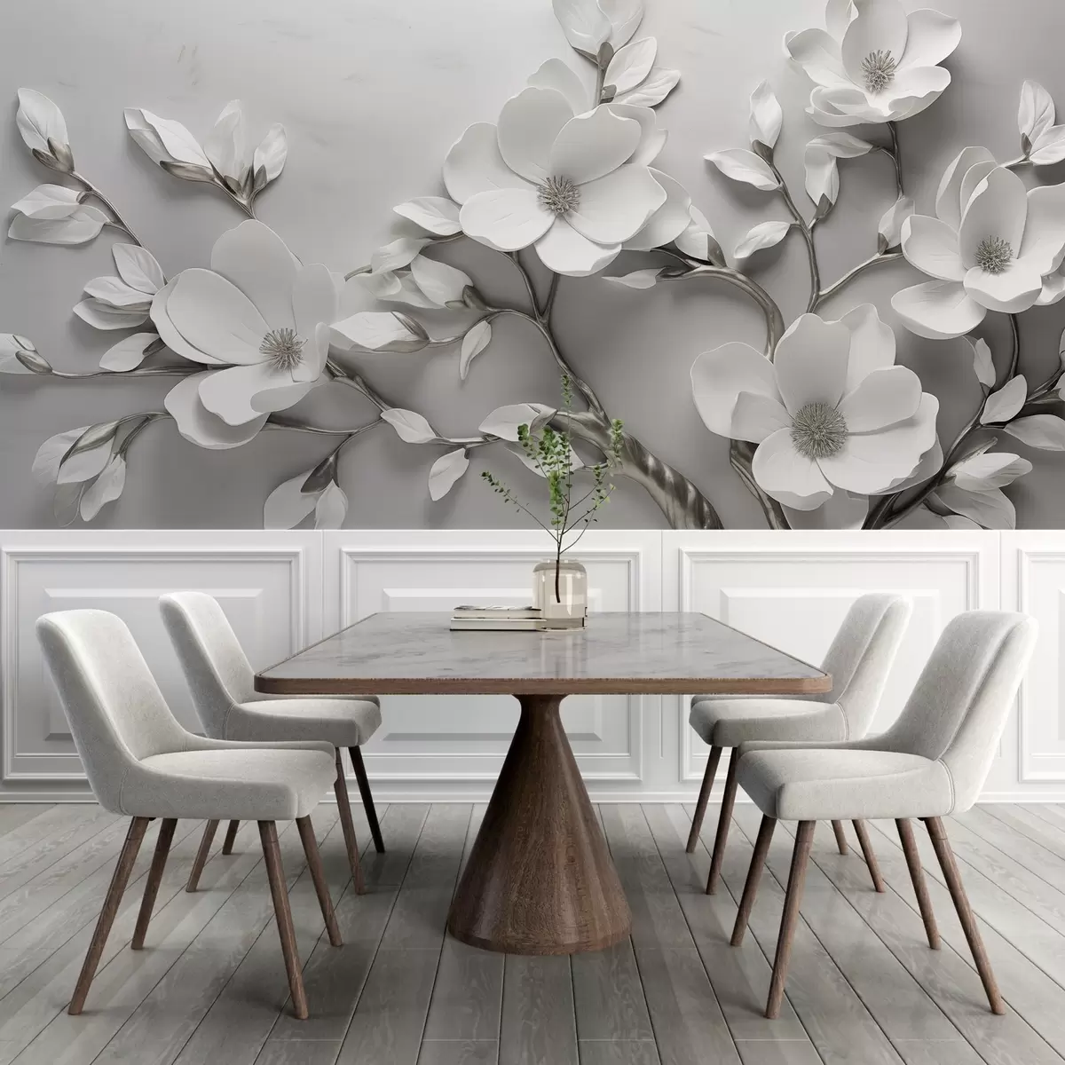Papier peint Branche florale dimensionnelle en blanc pur et tons neutres w04039v2