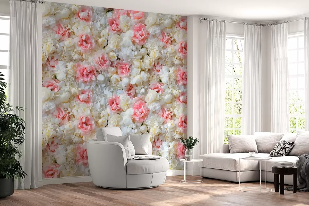 Papier peint un mur de pivoines en fleurs w03963