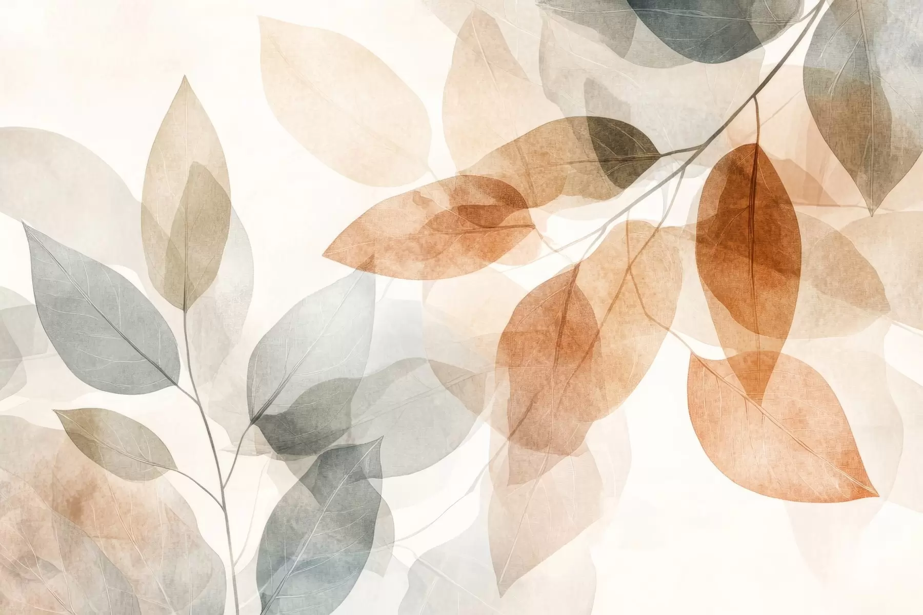 Papier peint feuilles de style aquarelle dans des tons de sépia et de gris w04024