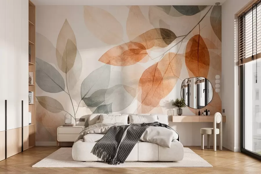 Papier peint feuilles de style aquarelle dans des tons de sépia et de gris w04024