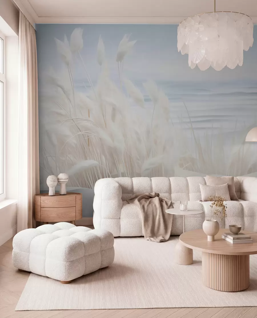 Papier peint Paysage avec de l'herbe blanche de la pampa sur une dune de sable, avec un océan bleu clair en arrière-plan, style doux et minimaliste w09132
