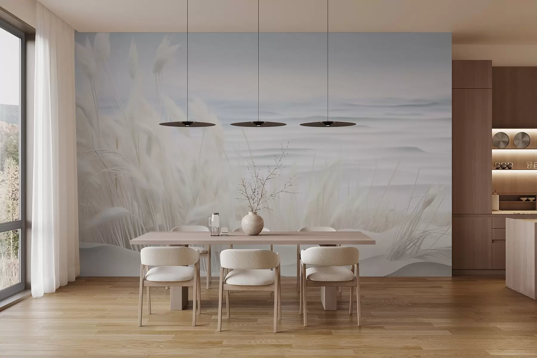 Papier peint Paysage avec de l'herbe blanche de la pampa sur une dune de sable, avec un océan bleu clair en arrière-plan, style doux et minimaliste w09132