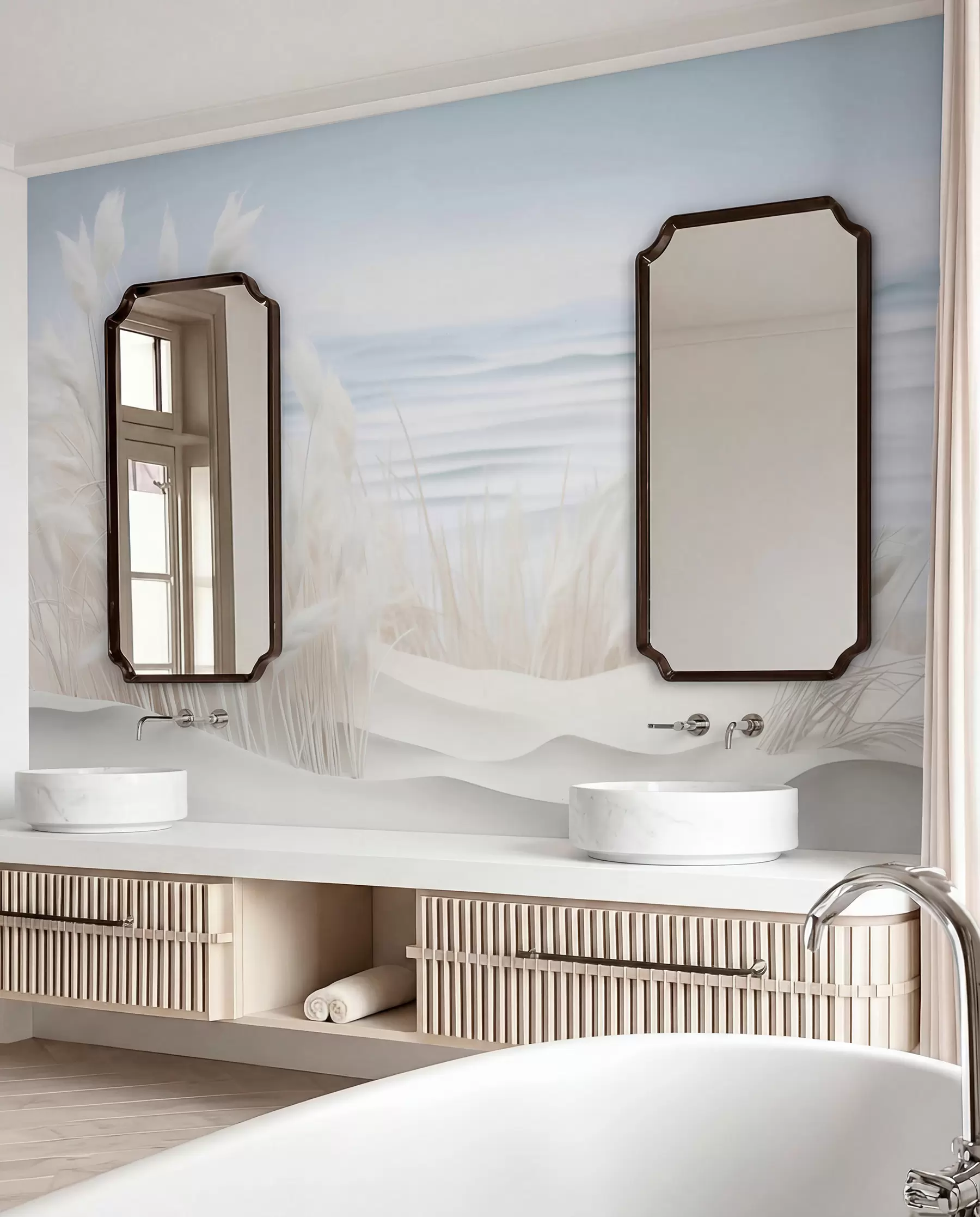 Papier peint Paysage avec de l'herbe blanche de la pampa sur une dune de sable, avec un océan bleu clair en arrière-plan, style doux et minimaliste w09132