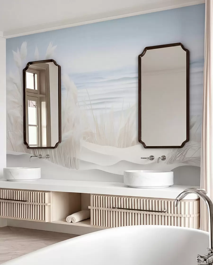 Papier peint Paysage avec de l'herbe blanche de la pampa sur une dune de sable, avec un océan bleu clair en arrière-plan, style doux et minimaliste w09132