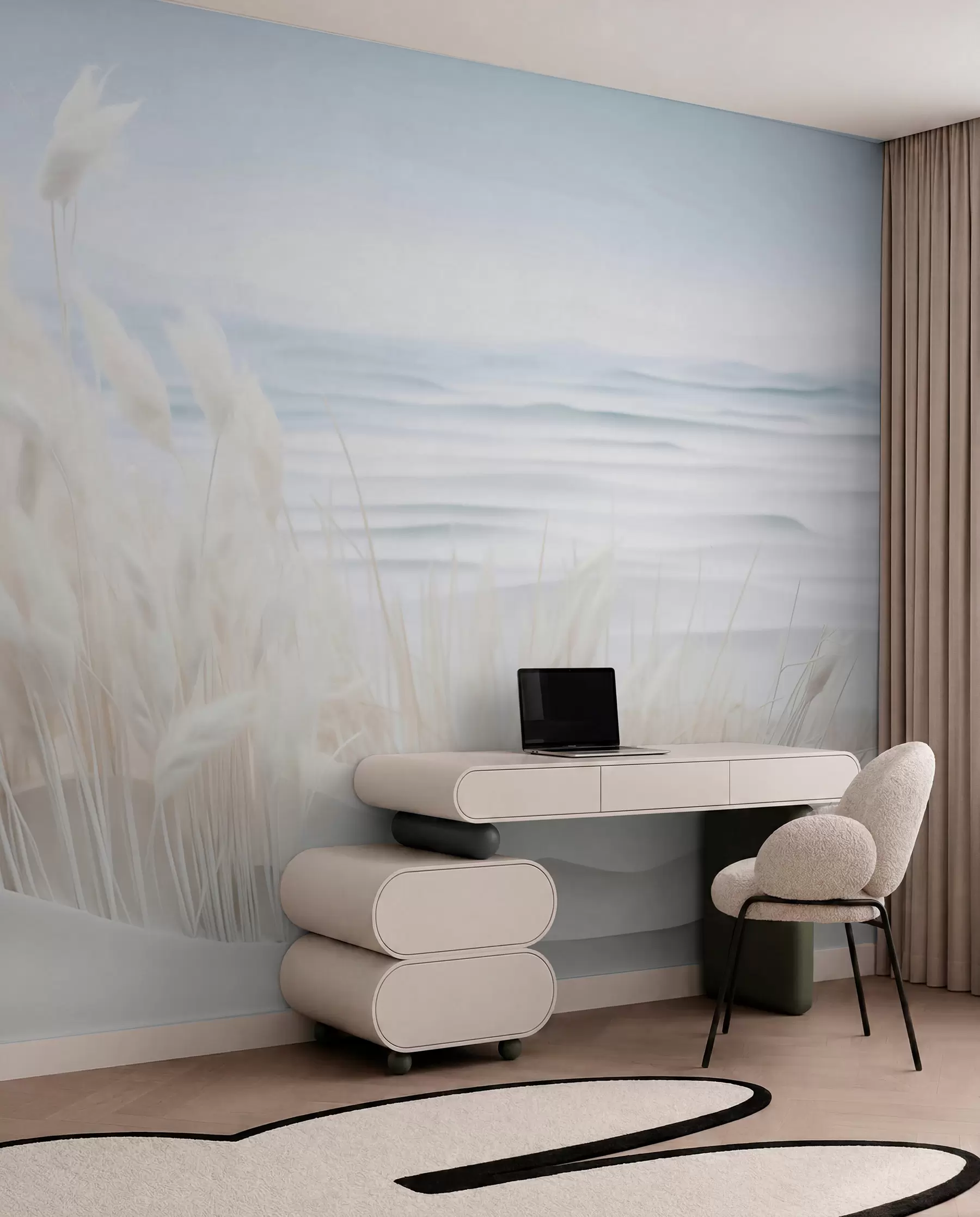 Papier peint Paysage avec de l'herbe blanche de la pampa sur une dune de sable, avec un océan bleu clair en arrière-plan, style doux et minimaliste w09132