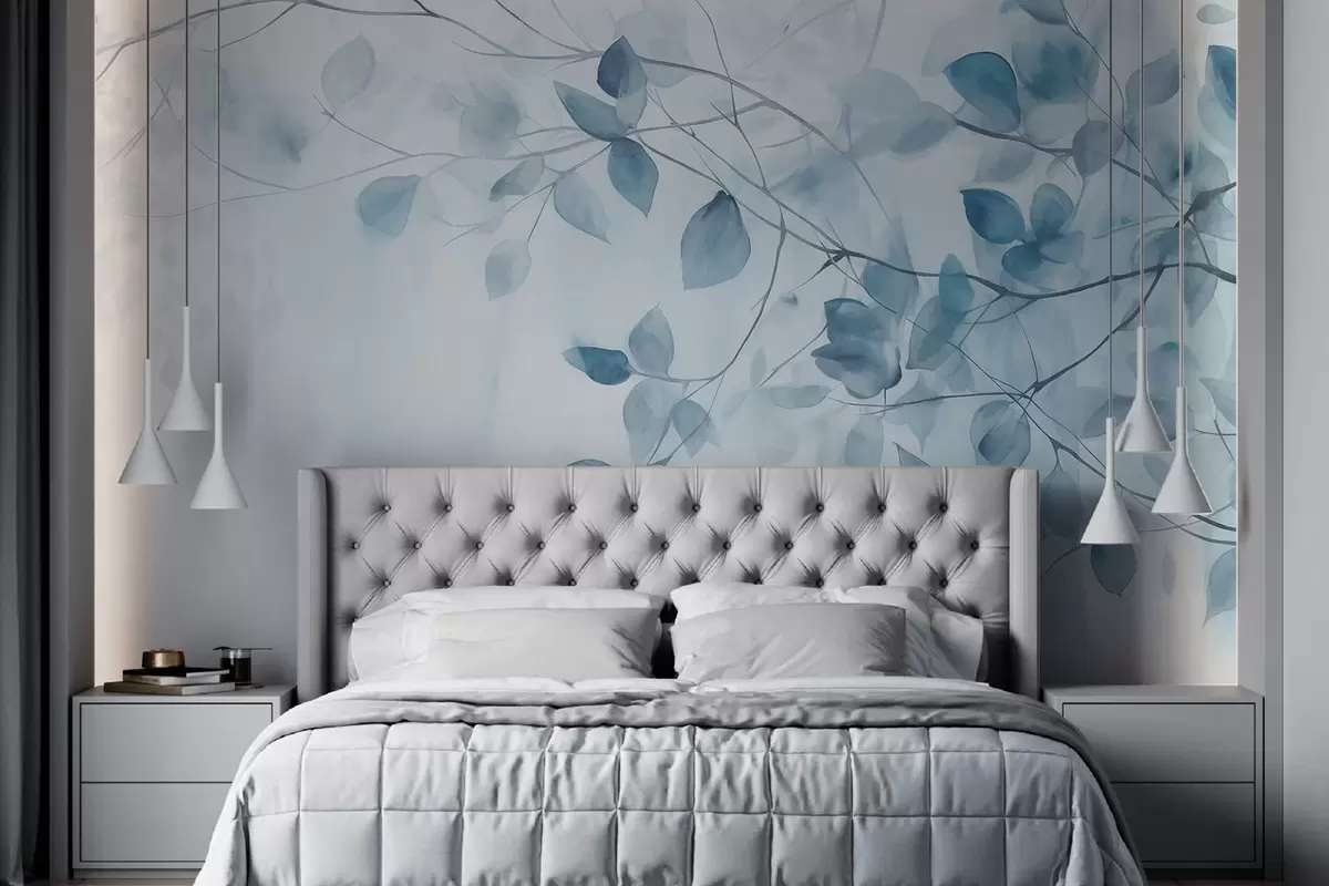 Papier peint Peinture aquarelle texturée imitant les feuilles et les branches bleues, couleurs douces, détails délicats sur fond blanc w09133v1