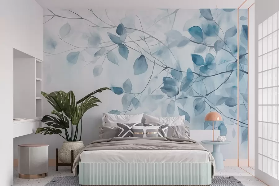 Papier peint Peinture aquarelle texturée imitant les feuilles et les branches bleues, couleurs douces, détails délicats sur fond blanc w09133v1