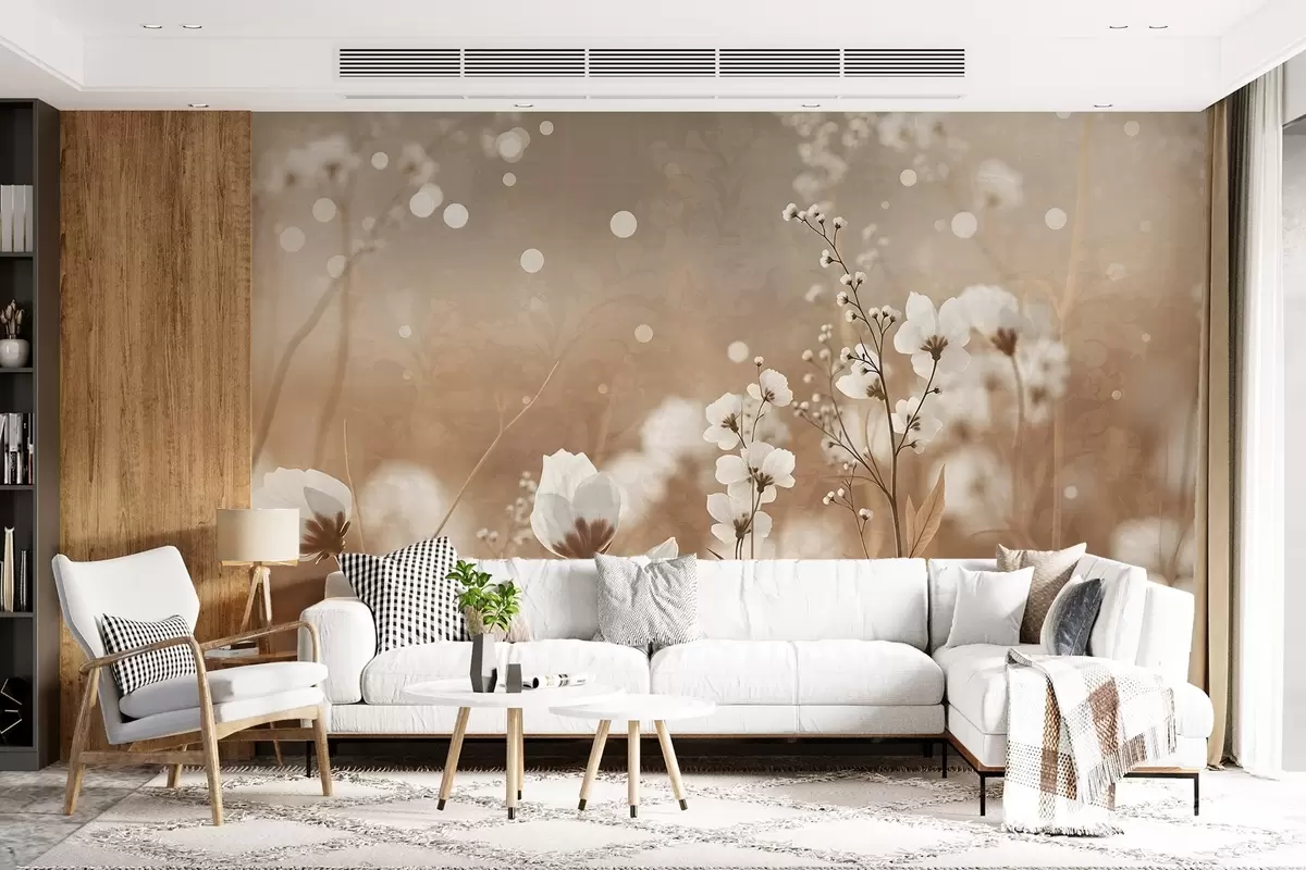 Papier peint Fleurs blanches avec tiges et feuilles brunes dans un champ, effet bokeh, palette de couleurs chaudes, œuvre d'art élégante inspirée de la nature w09135