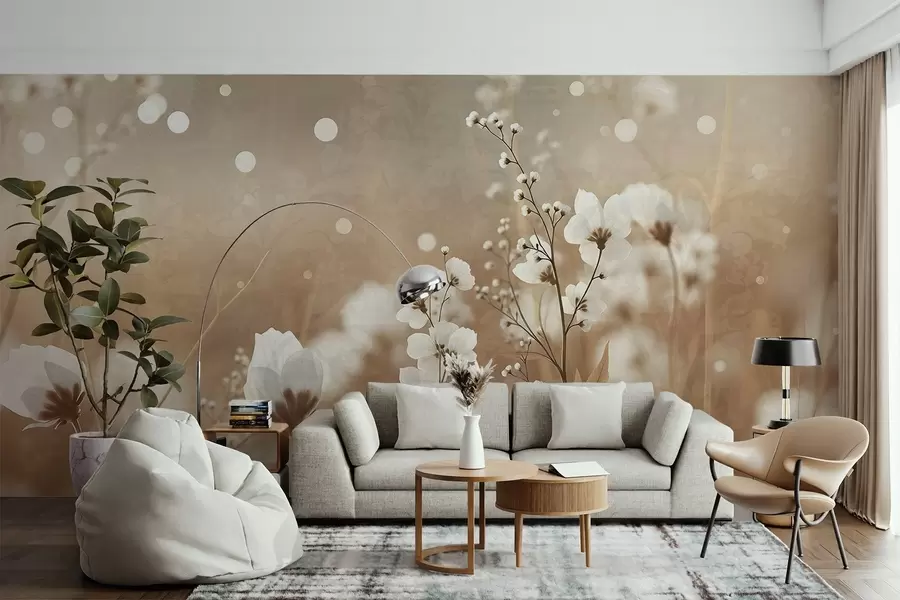 Papier peint Fleurs blanches avec tiges et feuilles brunes dans un champ, effet bokeh, palette de couleurs chaudes, œuvre d'art élégante inspirée de la nature w09135