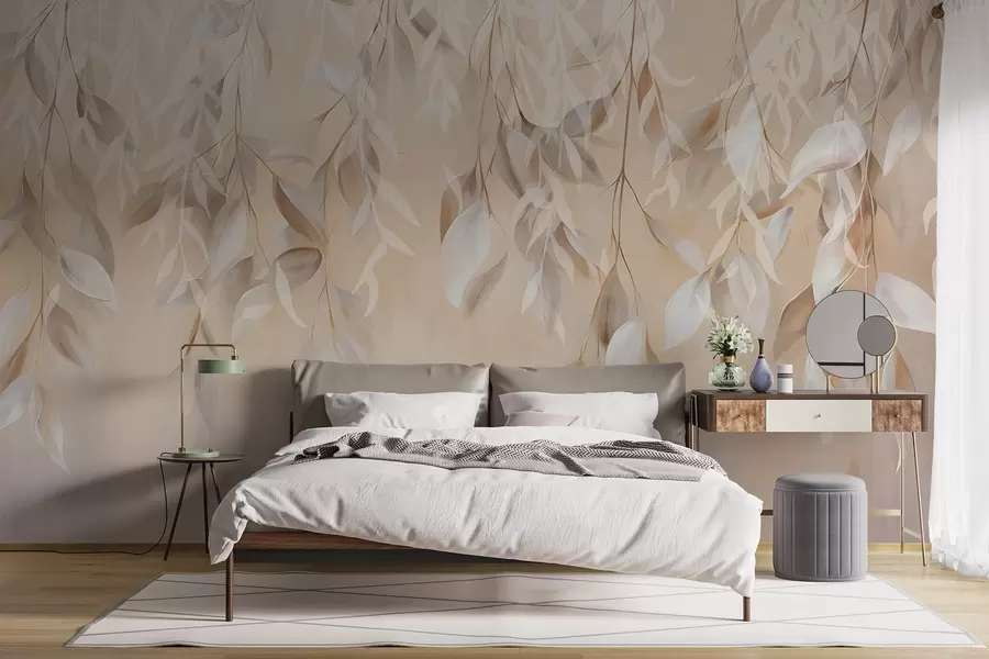 Papier peint Feuilles texturées blanches et beiges suspendues avec une palette de couleurs douces, pêche, gris et fond blanc délicat  w09136