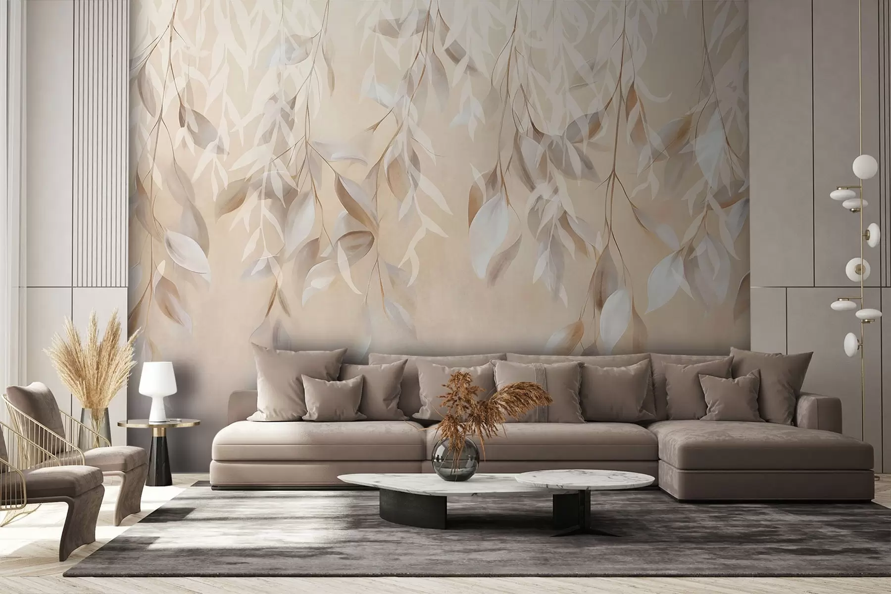 Papier peint Feuilles texturées blanches et beiges suspendues avec une palette de couleurs douces, pêche, gris et fond blanc délicat  w09136
