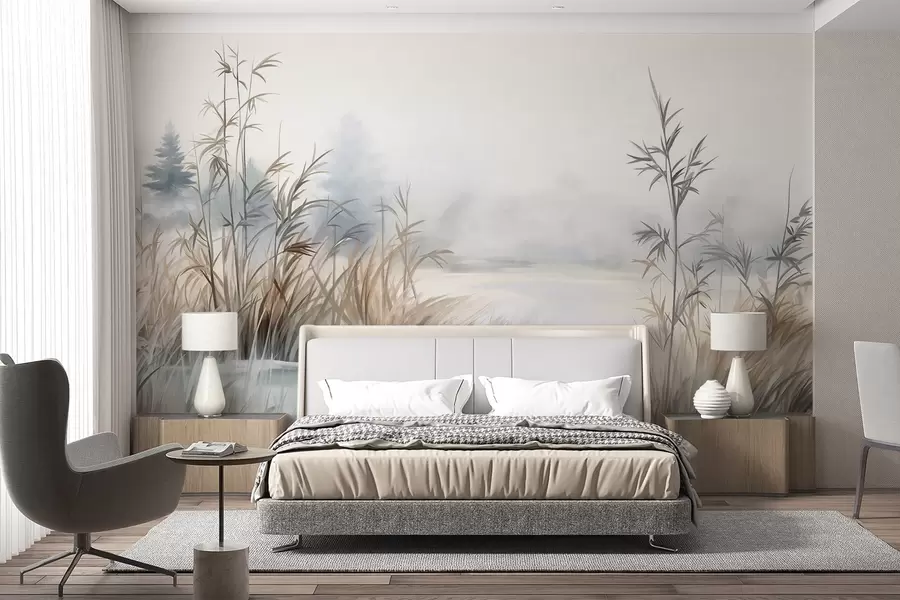 Papier peint Paysage texturé d'un lac avec de hautes herbes au premier plan, bleu et brun doux, eau calme, arbres au loin w09137