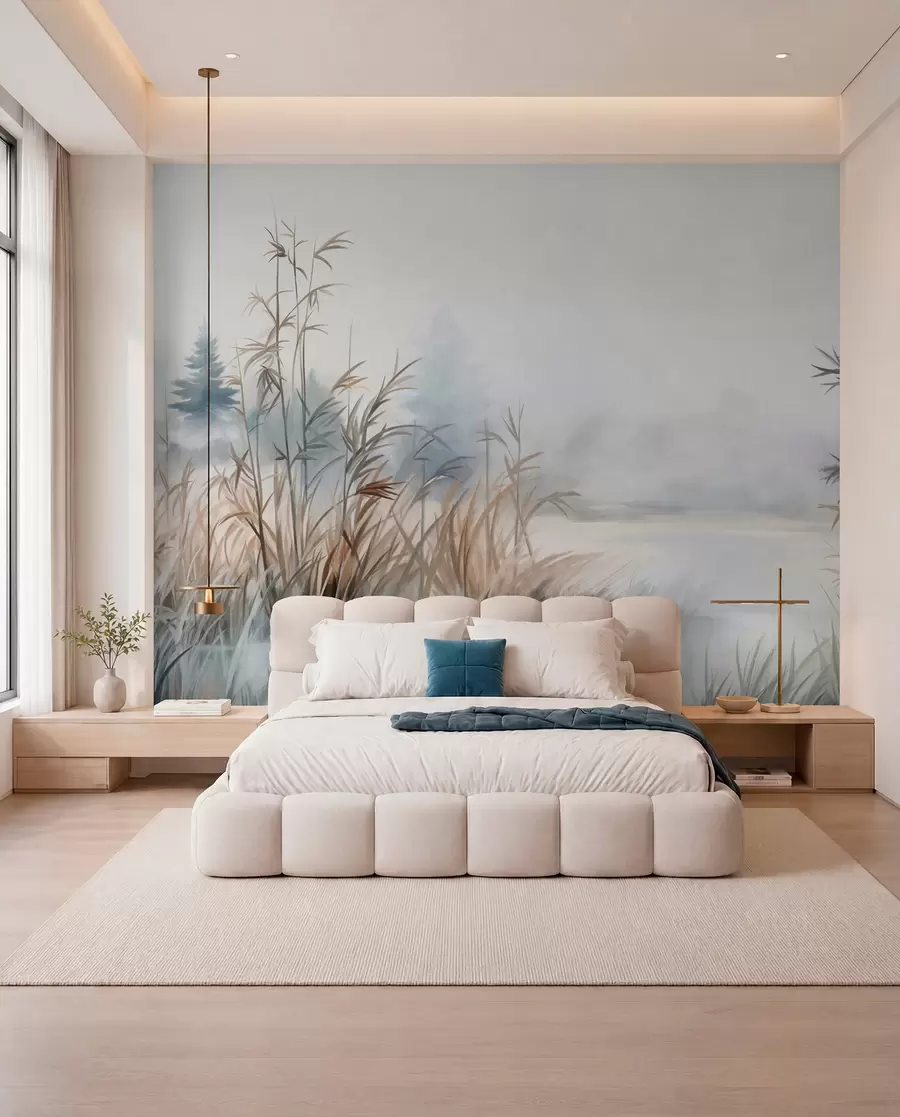 Papier peint Paysage texturé d'un lac avec de hautes herbes au premier plan, bleu et brun doux, eau calme, arbres au loin w09137