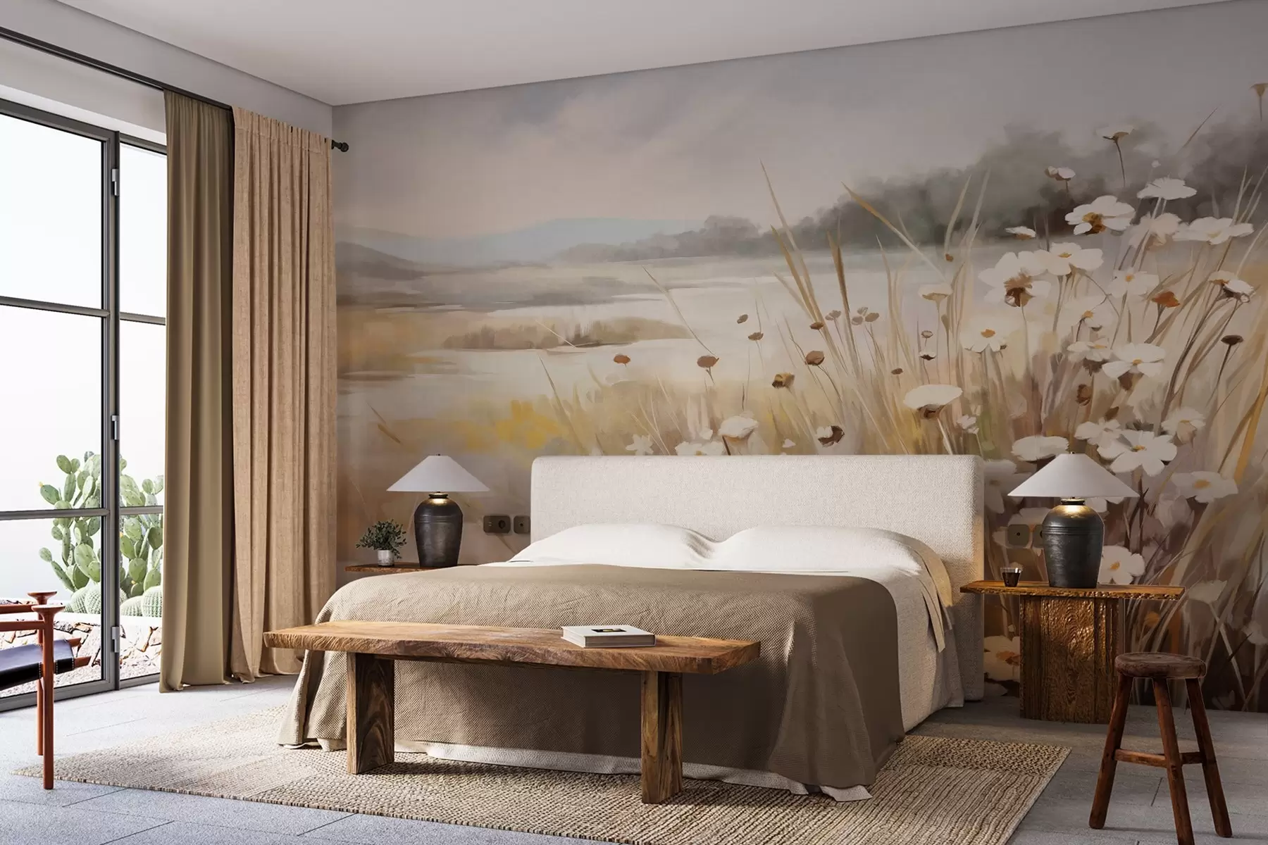 Papier peint Champ d'herbes hautes et de marguerites blanches, arbres en arrière-plan, sous un ciel nuageux, paysage texturé, coups de pinceau doux w09139