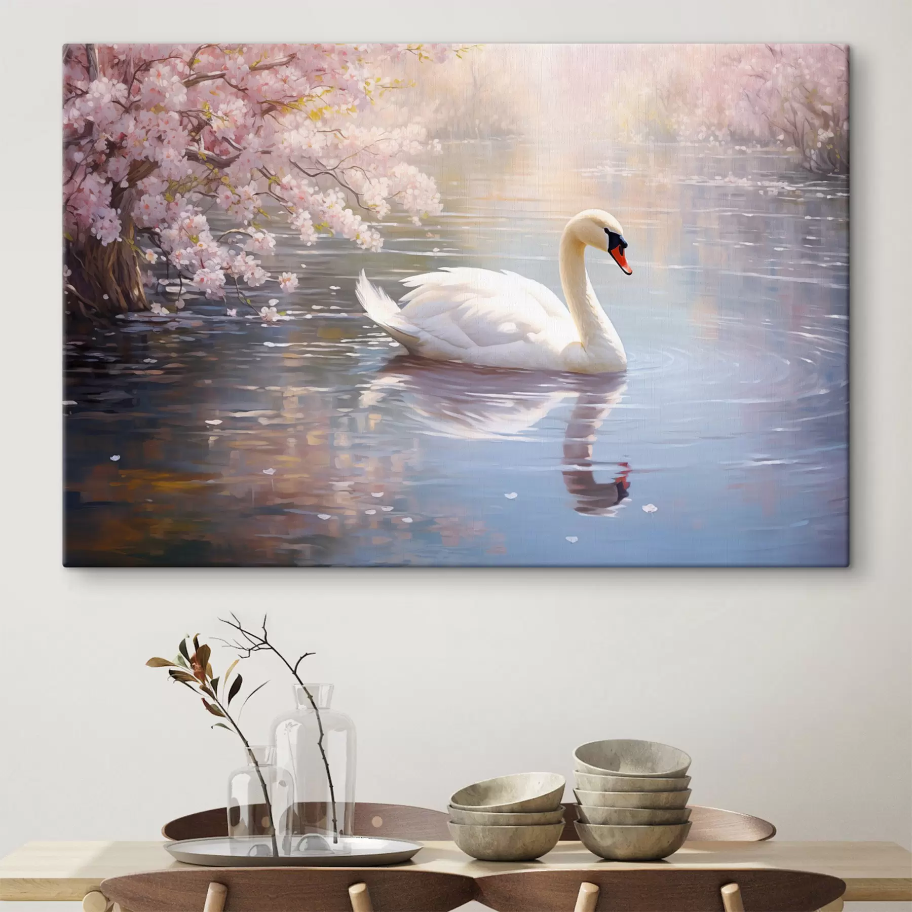 Papier peint Un cygne blanc nageant dans un lac avec des cerisiers en fleurs, couleurs pastel s44396