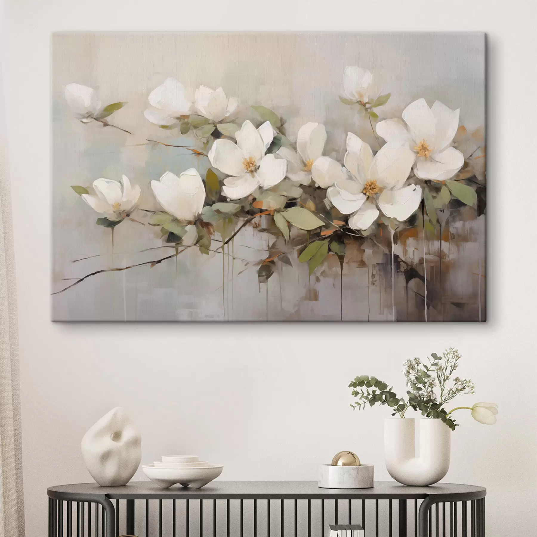 Tableau Fleurs de magnolia blanches avec feuilles vertes sur une branche, coups de pinceau doux, couleurs sourdes s44404