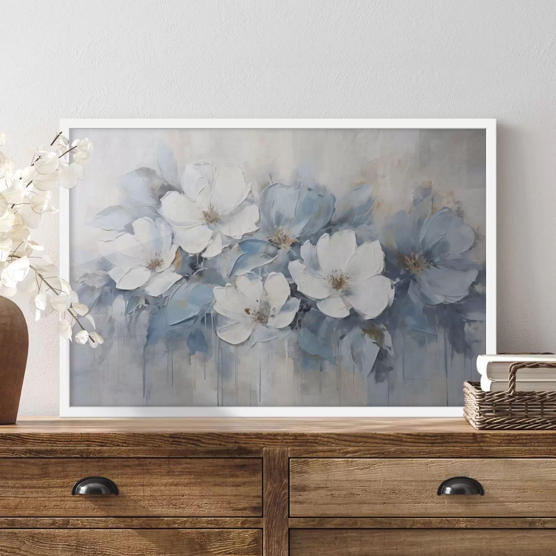 Papier peint Fleurs blanches sur lavis bleu f44395
