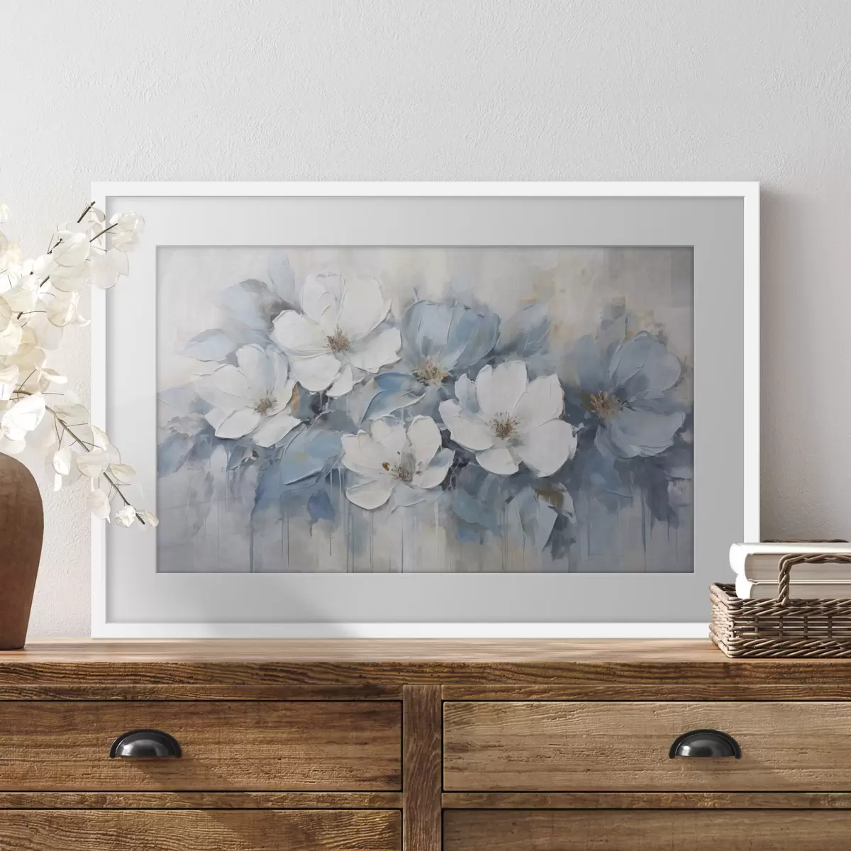 Poster Fleurs blanches sur lavis bleu f44395