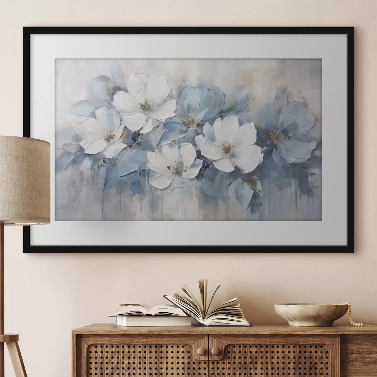 Poster Fleurs blanches sur lavis bleu f44395