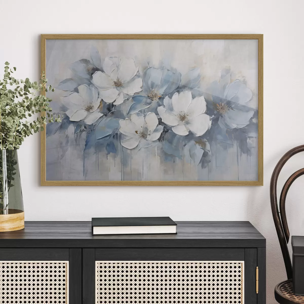 Poster Fleurs blanches sur lavis bleu f44395