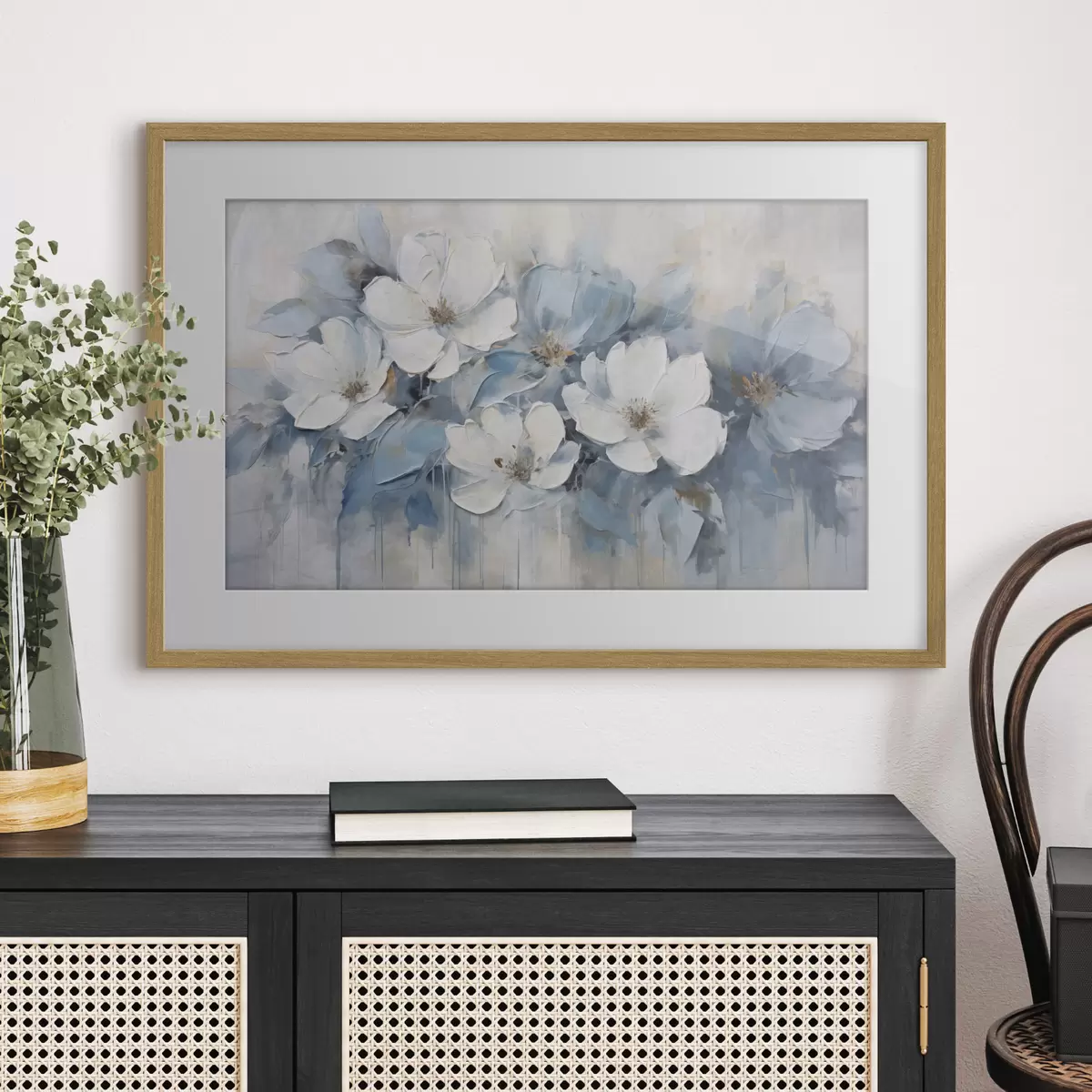 Poster Fleurs blanches sur lavis bleu f44395