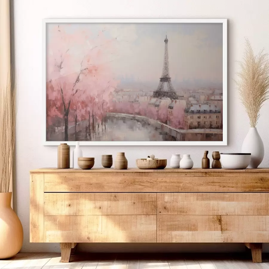 Papier peint Tour Eiffel à Paris avec des cerisiers en fleurs au printemps, couleurs douces et pastel f44398