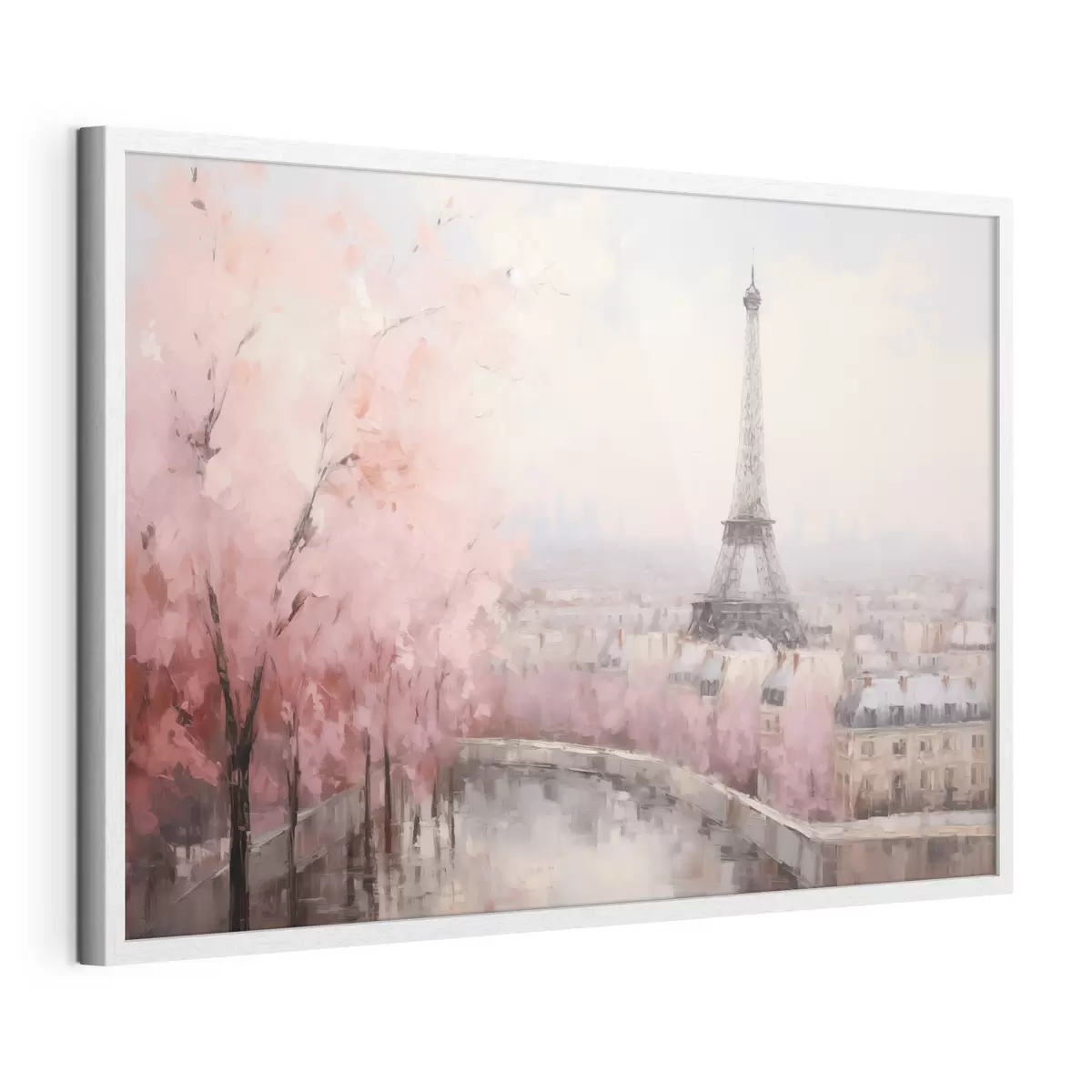 Poster Tour Eiffel à Paris avec des cerisiers en fleurs au printemps, couleurs douces et pastel f44398