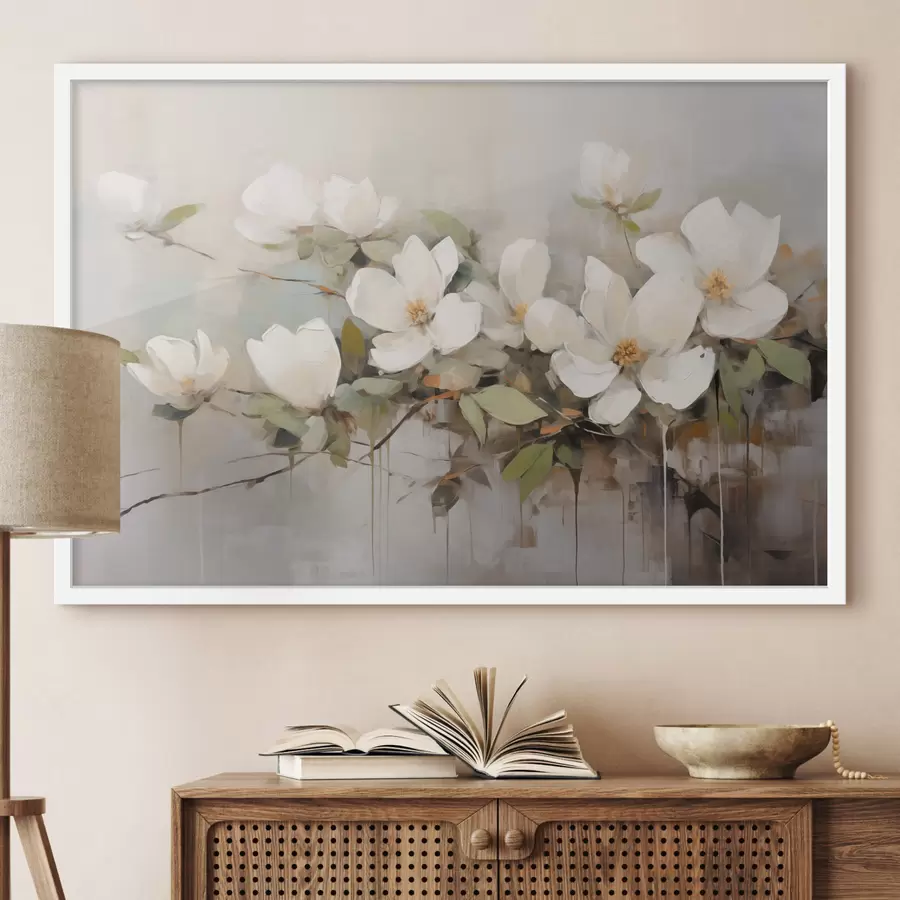 Papier peint Fleurs de magnolia blanches avec feuilles vertes sur une branche, coups de pinceau doux, couleurs sourdes f44404