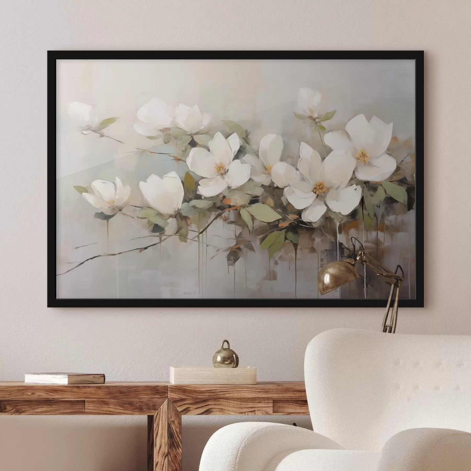 Papier peint Fleurs de magnolia blanches avec feuilles vertes sur une branche, coups de pinceau doux, couleurs sourdes f44404