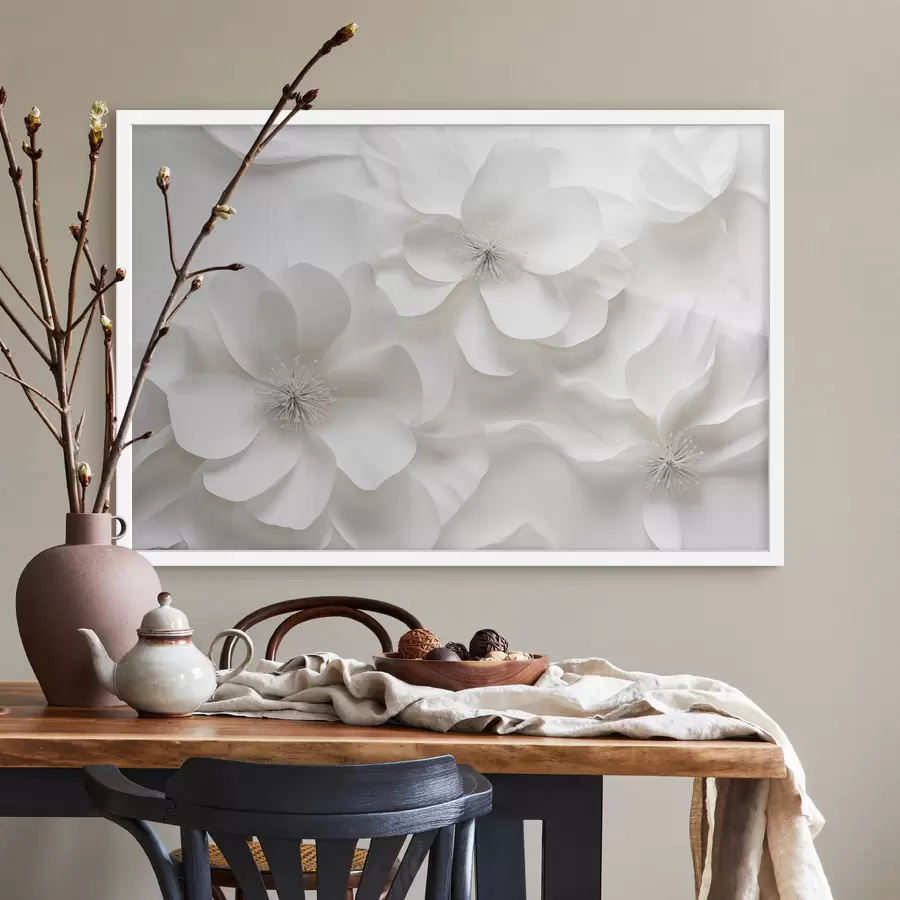 Papier peint Fleurs décoratives blanches aux pétales délicats et aux étamines complexes f44406