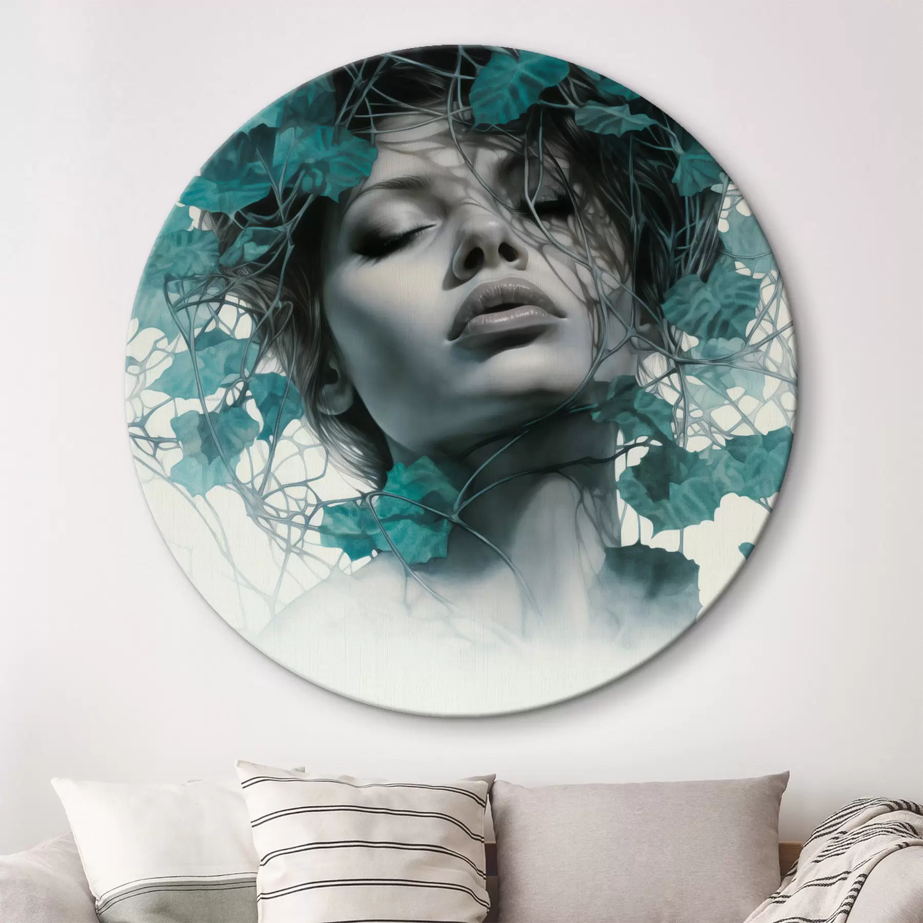 Tableau Portrait d'une femme aux yeux fermés, entourée de feuilles et de branches vertes r44399