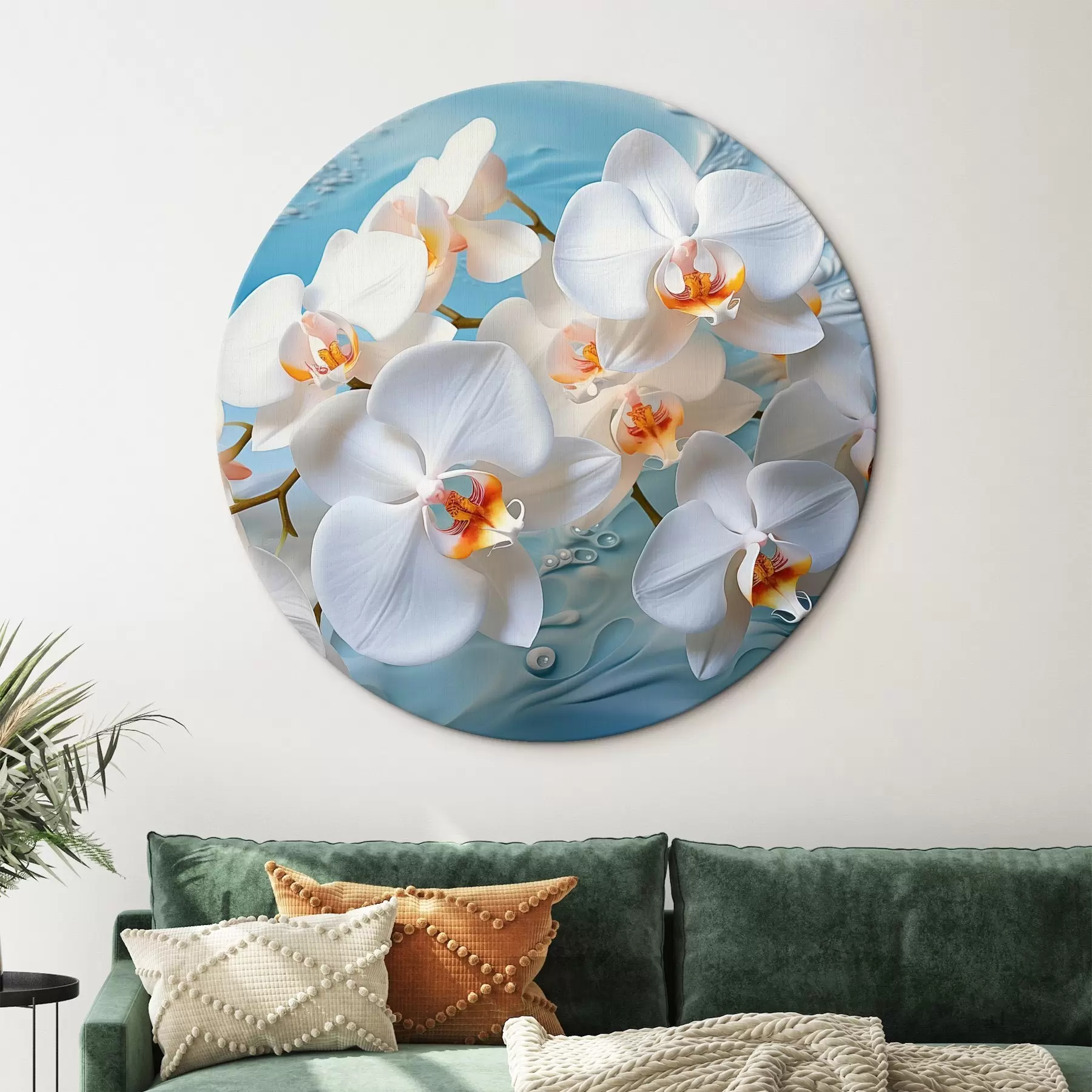Tableau Orchidées blanches, disposées sur une surface bleu clair avec des gouttelettes d'eau, éclairage doux r44401