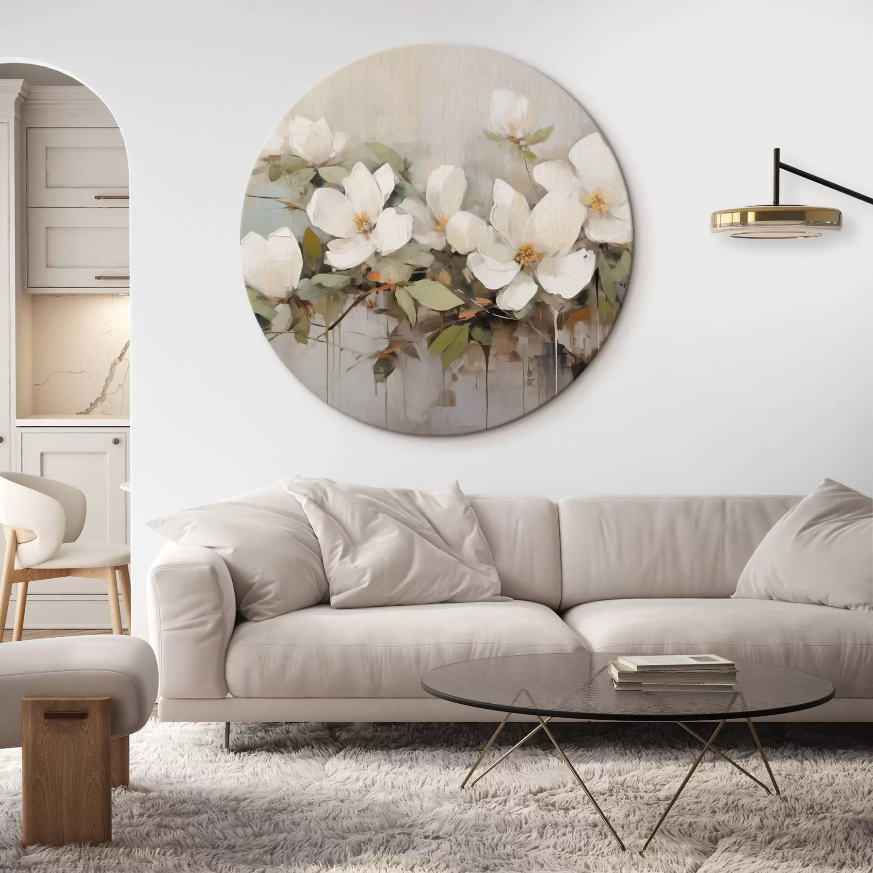 Tableau Fleurs de magnolia blanches avec feuilles vertes sur une branche, coups de pinceau doux, couleurs sourdes r44404