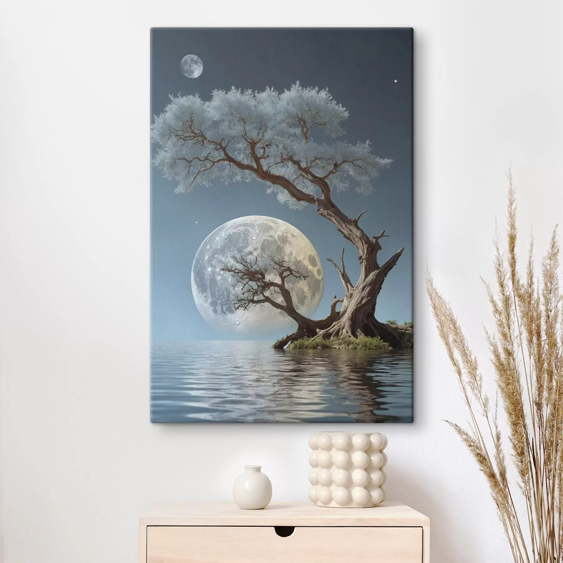 Tableau Arbre poussant au milieu d'un lac sur fond de lune s44481
