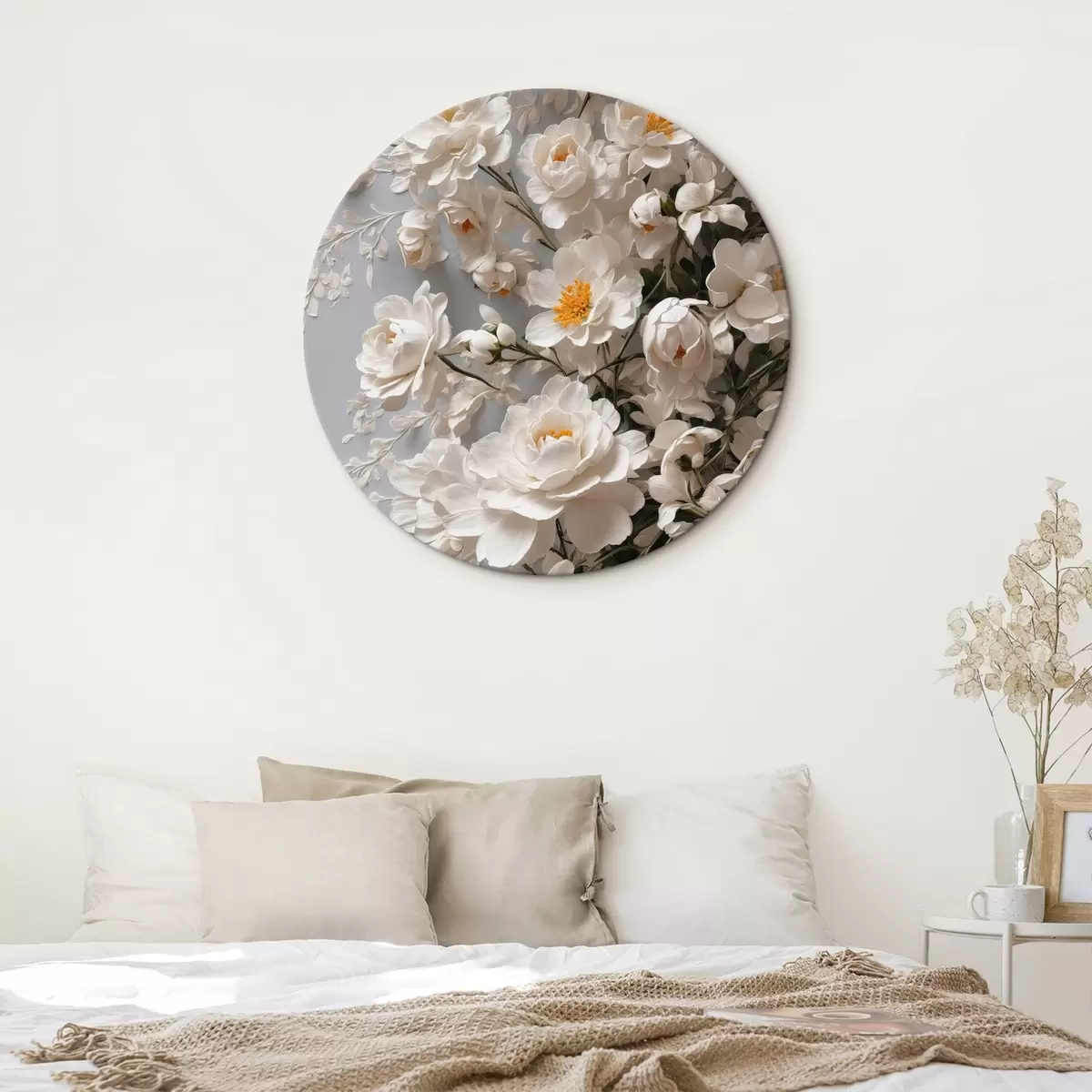 Tableaux rondes Fleurs et feuilles blanches sur fond blanc r44465