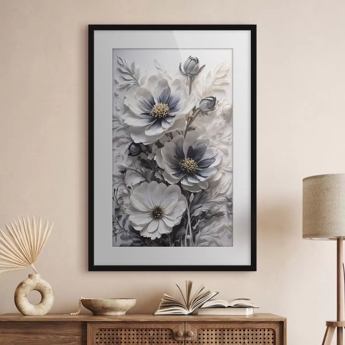 Poster Fleurs noires et blanches sur fond blanc f44446