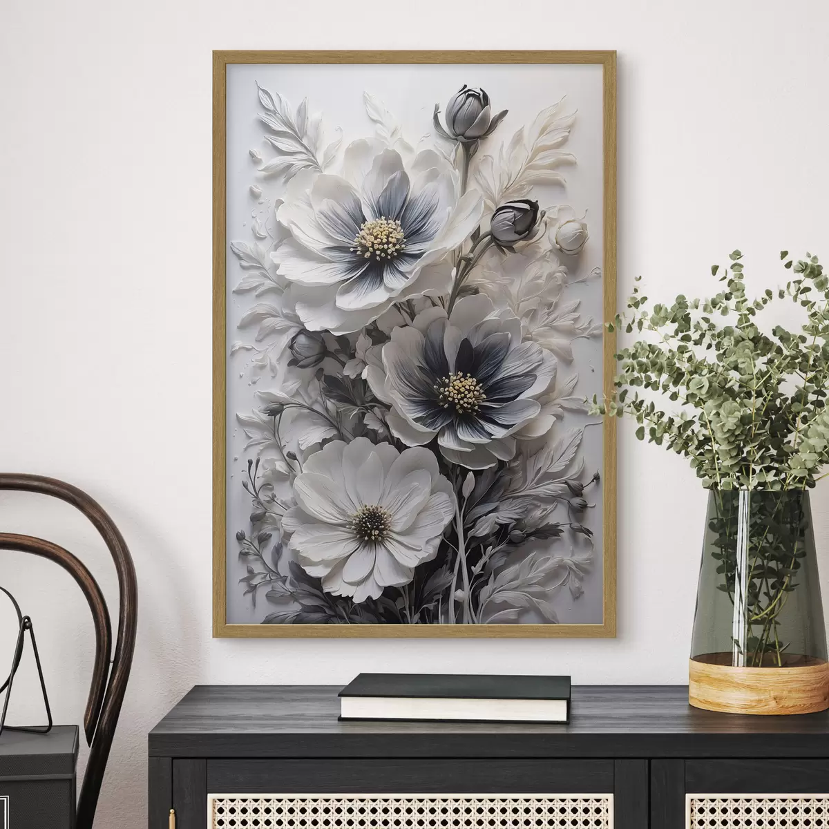 Poster Fleurs noires et blanches sur fond blanc f44446