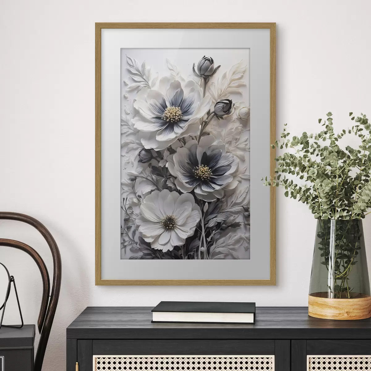 Poster Fleurs noires et blanches sur fond blanc f44446