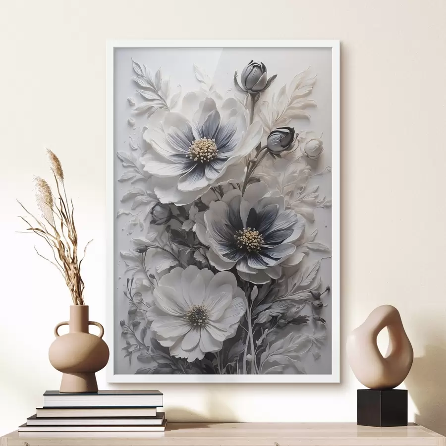 Papier peint Fleurs noires et blanches sur fond blanc f44446