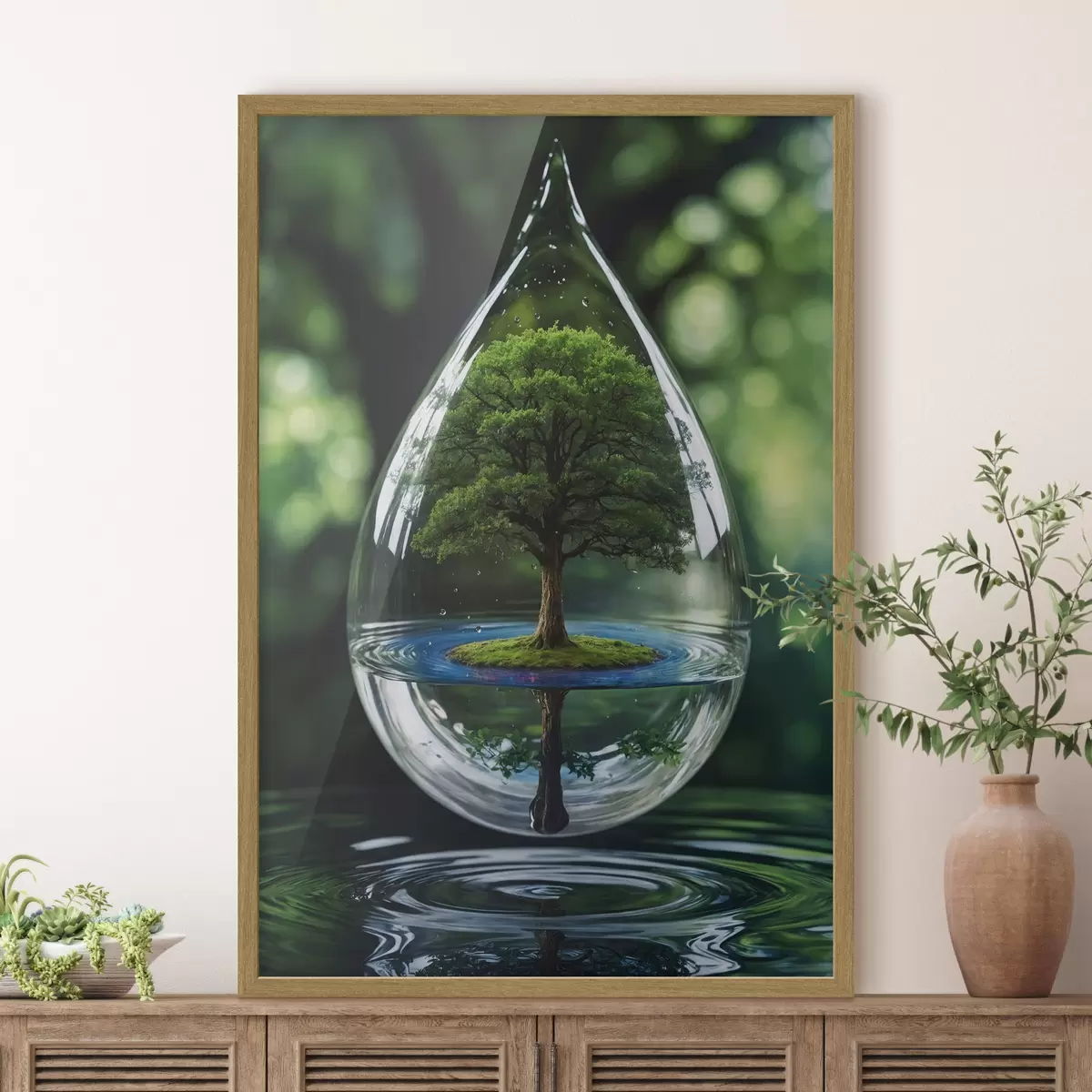 Poster Goutte d'eau avec réflexion sur l'arbre f44480