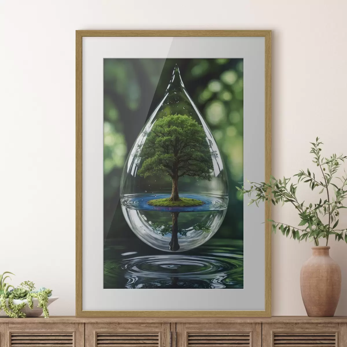 Poster Goutte d'eau avec réflexion sur l'arbre f44480