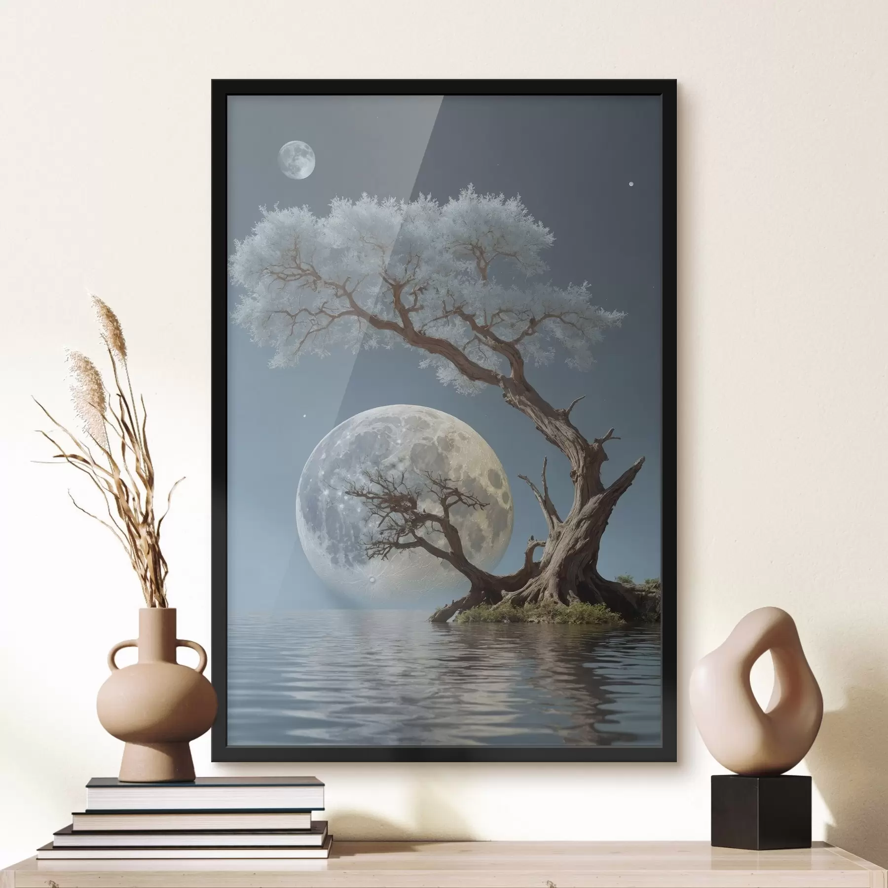 Papier peint Arbre poussant au milieu d'un lac sur fond de lune f44481