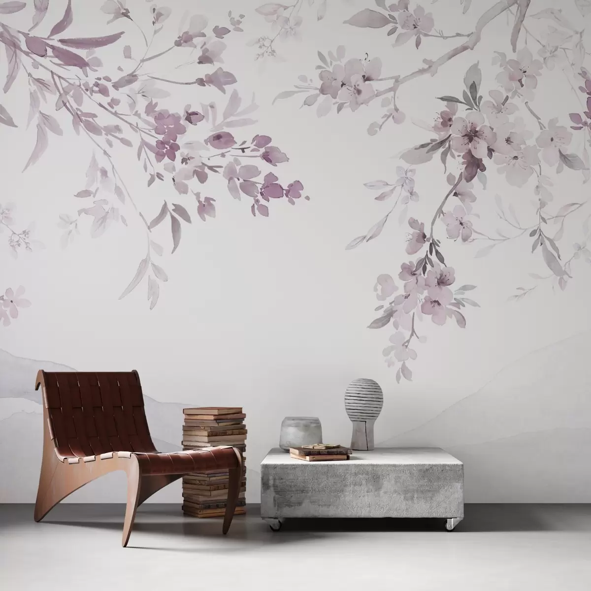 Papier peint Branches fleuries, imitation de l'aquarelle, tons violet-rose w03935v1