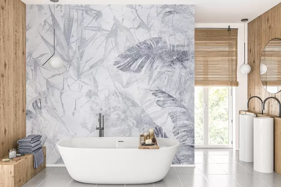 Papier peint Abstraction florale en style grunge avec imitation d'abrasion, nuances de bleu w03926v3