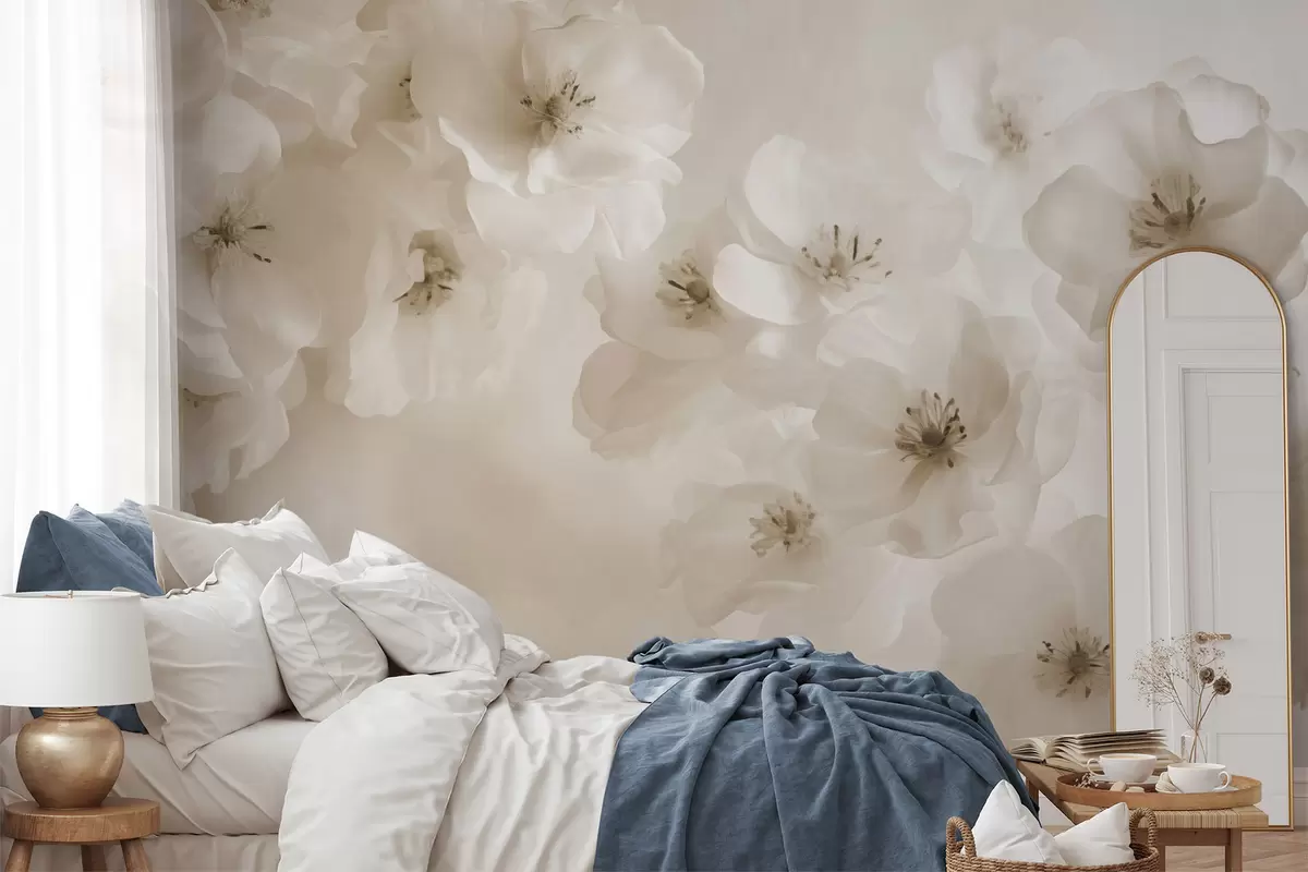Papier peint Grandes fleurs délicates, nuances de beige w03931v2