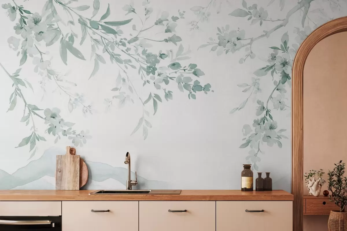 Papier peint Branches fleuries, imitation d'aquarelle, tons verts w03935v3